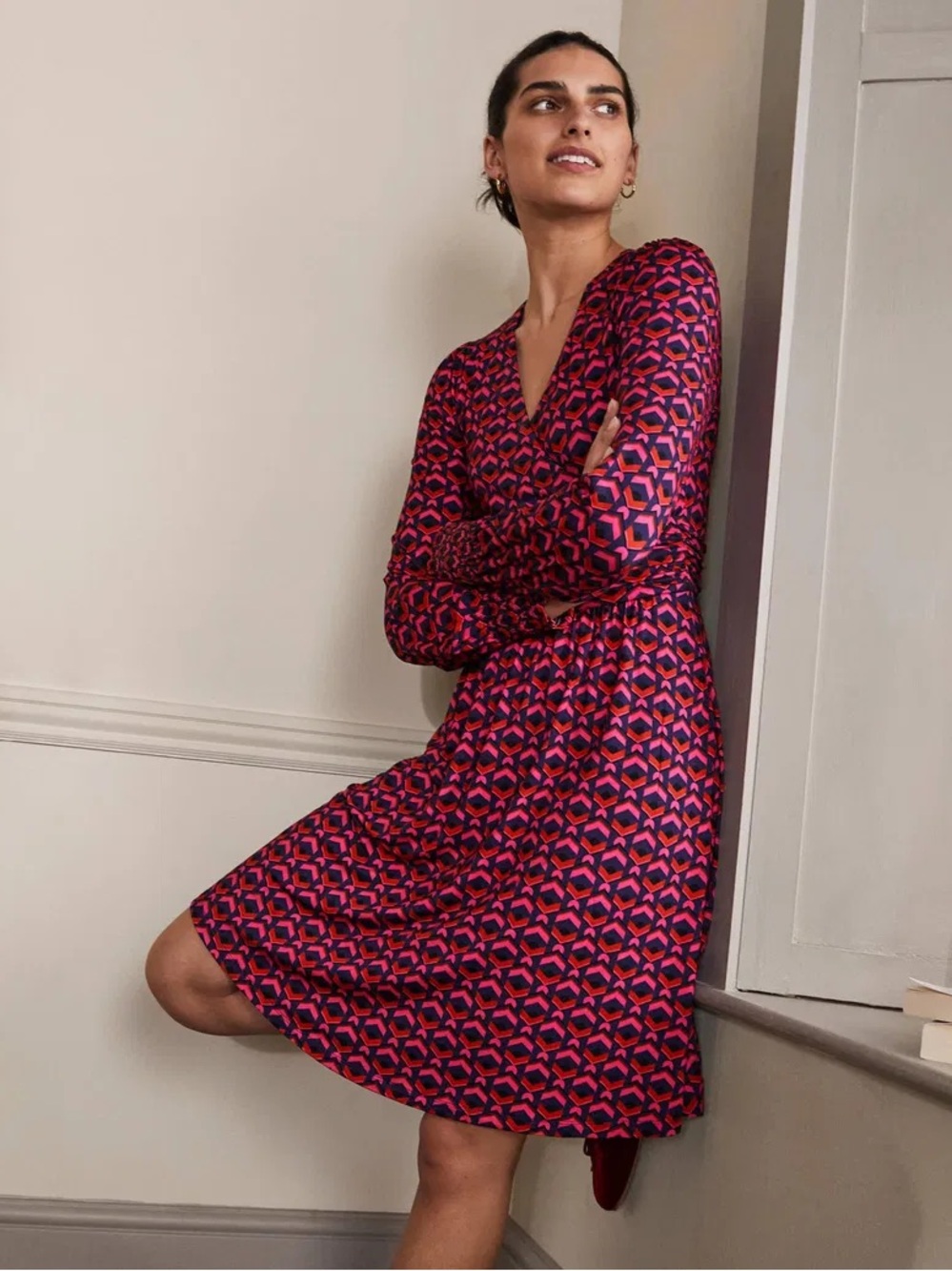 Boden Highland Geometric Tile Pink Faux Wrap Stretch Jersey Dress